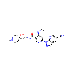 CC(C)Nc1cc(-n2ncc3cc(C#N)cnc32)ncc1C(=O)NCCC1(O)CCN(C)CC1 ZINC001772600479