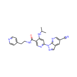 CC(C)Nc1cc(-n2ncc3cc(C#N)cnc32)ncc1C(=O)NCCc1ccncc1 ZINC001772653180