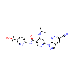 CC(C)Nc1cc(-n2ncc3cc(C#N)cnc32)ncc1C(=O)Nc1ccc(C(C)(C)O)cn1 ZINC001772606970