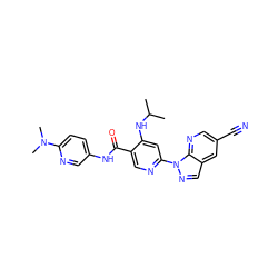 CC(C)Nc1cc(-n2ncc3cc(C#N)cnc32)ncc1C(=O)Nc1ccc(N(C)C)nc1 ZINC001772654407