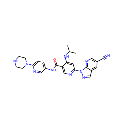 CC(C)Nc1cc(-n2ncc3cc(C#N)cnc32)ncc1C(=O)Nc1ccc(N2CCNCC2)nc1 ZINC001772645517