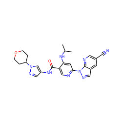 CC(C)Nc1cc(-n2ncc3cc(C#N)cnc32)ncc1C(=O)Nc1cnn(C2CCOCC2)c1 ZINC001772597239