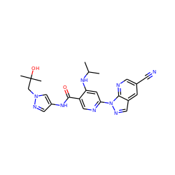 CC(C)Nc1cc(-n2ncc3cc(C#N)cnc32)ncc1C(=O)Nc1cnn(CC(C)(C)O)c1 ZINC001772583057