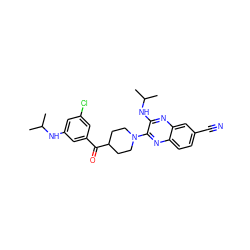 CC(C)Nc1cc(Cl)cc(C(=O)C2CCN(c3nc4ccc(C#N)cc4nc3NC(C)C)CC2)c1 ZINC000653670675