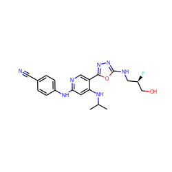 CC(C)Nc1cc(Nc2ccc(C#N)cc2)ncc1-c1nnc(NC[C@@H](F)CO)o1 ZINC000205352422