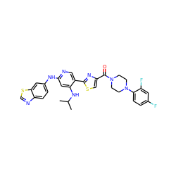 CC(C)Nc1cc(Nc2ccc3ncsc3c2)ncc1-c1nc(C(=O)N2CCN(c3ccc(F)cc3F)CC2)cs1 ZINC000223341116