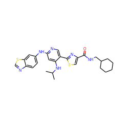 CC(C)Nc1cc(Nc2ccc3ncsc3c2)ncc1-c1nc(C(=O)NCC2CCCCC2)cs1 ZINC000223339829