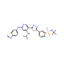 CC(C)Nc1cc(Nc2ccc3ncsc3c2)ncc1-c1nnc(-c2ccc(F)c(S(=O)(=O)NC(C)(C)C)c2)o1 ZINC000223433905