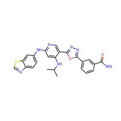 CC(C)Nc1cc(Nc2ccc3ncsc3c2)ncc1-c1nnc(-c2cccc(C(N)=O)c2)o1 ZINC001772616495