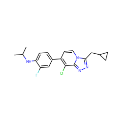 CC(C)Nc1ccc(-c2ccn3c(CC4CC4)nnc3c2Cl)cc1F ZINC000114488516