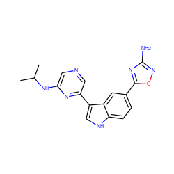 CC(C)Nc1cncc(-c2c[nH]c3ccc(-c4nc(N)no4)cc23)n1 ZINC000204779846