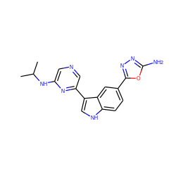 CC(C)Nc1cncc(-c2c[nH]c3ccc(-c4nnc(N)o4)cc23)n1 ZINC000145399708