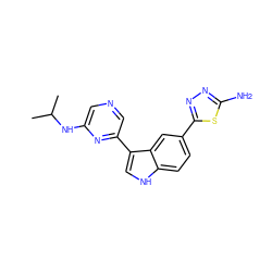 CC(C)Nc1cncc(-c2c[nH]c3ccc(-c4nnc(N)s4)cc23)n1 ZINC000221711091