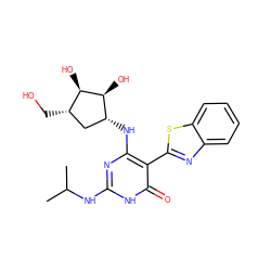 CC(C)Nc1nc(N[C@@H]2C[C@H](CO)[C@@H](O)[C@H]2O)c(-c2nc3ccccc3s2)c(=O)[nH]1 ZINC001772643218