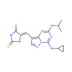 CC(C)Nc1nc(NC2CC2)n2ncc(/C=C3\NC(=O)NC3=O)c2n1 ZINC000205031794