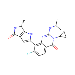 CC(C)Nc1nc2c(-c3cc4c([nH]3)[C@@H](C)NC4=O)c(F)ccc2c(=O)n1C1CC1 ZINC000222404321