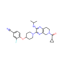 CC(C)Nc1nc2c(nc1N1CCC(Oc3ccc(C#N)cc3F)CC1)CN(C(=O)C1CC1)CC2 ZINC001772608492