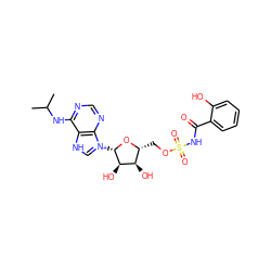 CC(C)Nc1ncnc2c1[nH]c[n+]2[C@@H]1O[C@H](COS(=O)(=O)NC(=O)c2ccccc2O)[C@@H](O)[C@H]1O ZINC000377813292