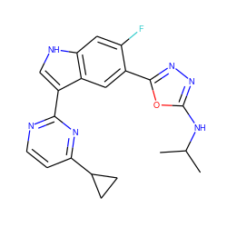 CC(C)Nc1nnc(-c2cc3c(-c4nccc(C5CC5)n4)c[nH]c3cc2F)o1 ZINC000203729305