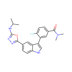 CC(C)Nc1nnc(-c2ccc3[nH]cc(-c4cc(C(=O)N(C)C)ccc4F)c3c2)o1 ZINC000221721913