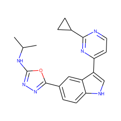 CC(C)Nc1nnc(-c2ccc3[nH]cc(-c4ccnc(C5CC5)n4)c3c2)o1 ZINC000203729322