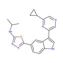 CC(C)Nc1nnc(-c2ccc3[nH]cc(-c4cncc(C5CC5)n4)c3c2)o1 ZINC000203727009