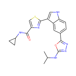 CC(C)Nc1nnc(-c2ccc3[nH]cc(-c4nc(C(=O)NC5CC5)cs4)c3c2)o1 ZINC001772614019