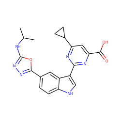 CC(C)Nc1nnc(-c2ccc3[nH]cc(-c4nc(C(=O)O)cc(C5CC5)n4)c3c2)o1 ZINC000204782085