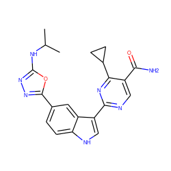 CC(C)Nc1nnc(-c2ccc3[nH]cc(-c4ncc(C(N)=O)c(C5CC5)n4)c3c2)o1 ZINC000203731672