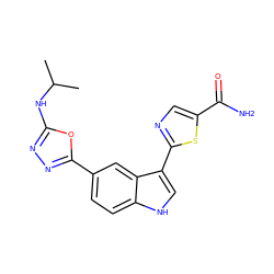 CC(C)Nc1nnc(-c2ccc3[nH]cc(-c4ncc(C(N)=O)s4)c3c2)o1 ZINC000204776917