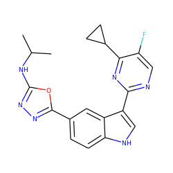 CC(C)Nc1nnc(-c2ccc3[nH]cc(-c4ncc(F)c(C5CC5)n4)c3c2)o1 ZINC000221734740