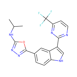 CC(C)Nc1nnc(-c2ccc3[nH]cc(-c4nccc(C(F)(F)F)n4)c3c2)o1 ZINC000221727839