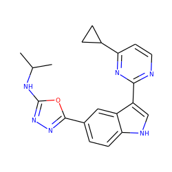 CC(C)Nc1nnc(-c2ccc3[nH]cc(-c4nccc(C5CC5)n4)c3c2)o1 ZINC000145441349