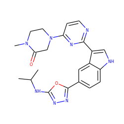 CC(C)Nc1nnc(-c2ccc3[nH]cc(-c4nccc(N5CCN(C)C(=O)C5)n4)c3c2)o1 ZINC000204775542