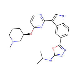 CC(C)Nc1nnc(-c2ccc3[nH]cc(-c4nccc(O[C@@H]5CCCN(C)C5)n4)c3c2)o1 ZINC000204759482