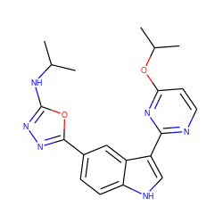 CC(C)Nc1nnc(-c2ccc3[nH]cc(-c4nccc(OC(C)C)n4)c3c2)o1 ZINC000204780001