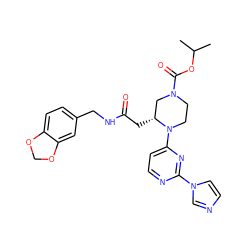 CC(C)OC(=O)N1CCN(c2ccnc(-n3ccnc3)n2)[C@H](CC(=O)NCc2ccc3c(c2)OCO3)C1 ZINC000035274474