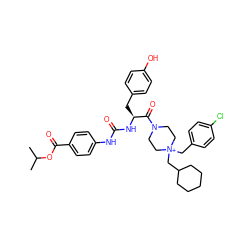 CC(C)OC(=O)c1ccc(NC(=O)N[C@@H](Cc2ccc(O)cc2)C(=O)N2CC[N+](Cc3ccc(Cl)cc3)(CC3CCCCC3)CC2)cc1 ZINC000095563829