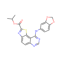 CC(C)OC(=O)c1nc2ccc3ncnc(Nc4ccc5c(c4)OCO5)c3c2s1 ZINC000220521151