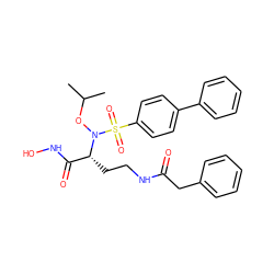 CC(C)ON([C@H](CCNC(=O)Cc1ccccc1)C(=O)NO)S(=O)(=O)c1ccc(-c2ccccc2)cc1 ZINC000117107780