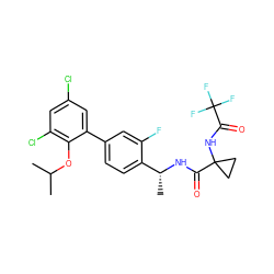 CC(C)Oc1c(Cl)cc(Cl)cc1-c1ccc([C@@H](C)NC(=O)C2(NC(=O)C(F)(F)F)CC2)c(F)c1 ZINC000029129167