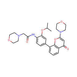 CC(C)Oc1cc(-c2cccc3c(=O)cc(N4CCOCC4)oc23)ccc1NC(=O)CN1CCOCC1 ZINC000101394081