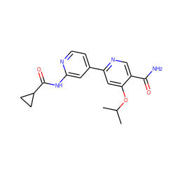 CC(C)Oc1cc(-c2ccnc(NC(=O)C3CC3)c2)ncc1C(N)=O ZINC000299863864