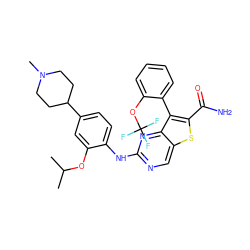 CC(C)Oc1cc(C2CCN(C)CC2)ccc1Nc1ncc2sc(C(N)=O)c(-c3ccccc3OC(F)(F)F)c2n1 ZINC000205115810