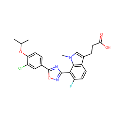 CC(C)Oc1ccc(-c2nc(-c3c(F)ccc4c(CCC(=O)O)cn(C)c34)no2)cc1Cl ZINC000084620156