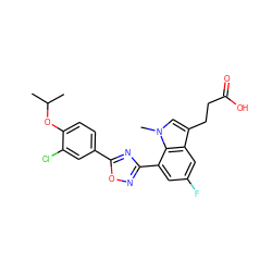 CC(C)Oc1ccc(-c2nc(-c3cc(F)cc4c(CCC(=O)O)cn(C)c34)no2)cc1Cl ZINC000084596899