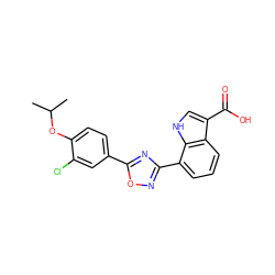 CC(C)Oc1ccc(-c2nc(-c3cccc4c(C(=O)O)c[nH]c34)no2)cc1Cl ZINC000084616790