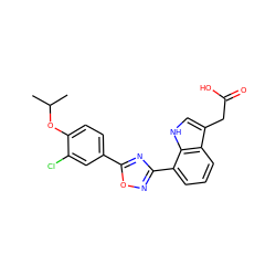 CC(C)Oc1ccc(-c2nc(-c3cccc4c(CC(=O)O)c[nH]c34)no2)cc1Cl ZINC000084617336