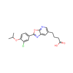 CC(C)Oc1ccc(-c2nc3cc(CCCC(=O)O)cnc3o2)cc1Cl ZINC000084669875