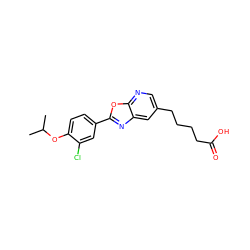 CC(C)Oc1ccc(-c2nc3cc(CCCCC(=O)O)cnc3o2)cc1Cl ZINC000084652813